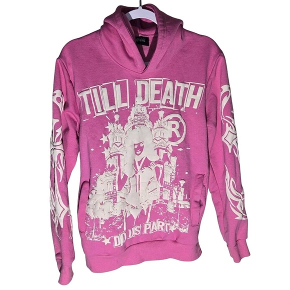Flyeast Apparel Tops - Flyeast Apparel Pink Till Death Do Us Part Graphic Hoodie Sweatshirt Medium